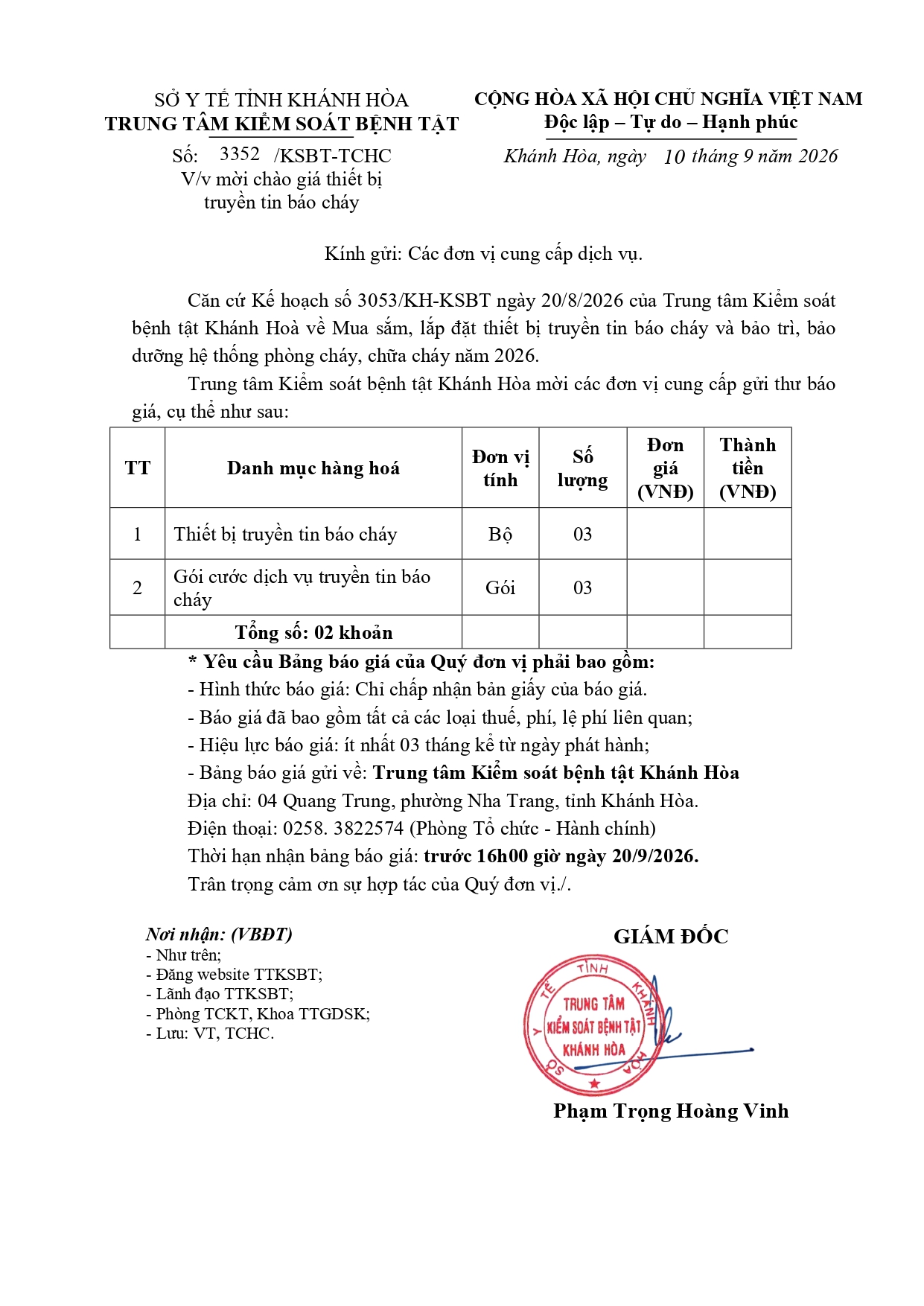 V/v mời chào giá thiết bị truyền tin báo cháy